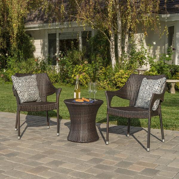 Gdf Studio Tahitian Outdoor 3 Piece Multi-Brown Wicker Chat Set With Stacking Chairs