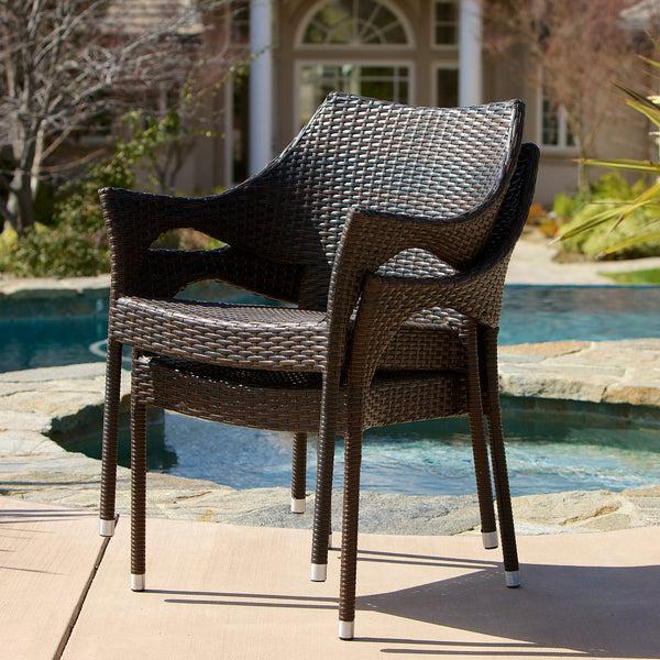Gdf Studio Tahitian Outdoor 3 Piece Multi-Brown Wicker Chat Set With Stacking Chairs