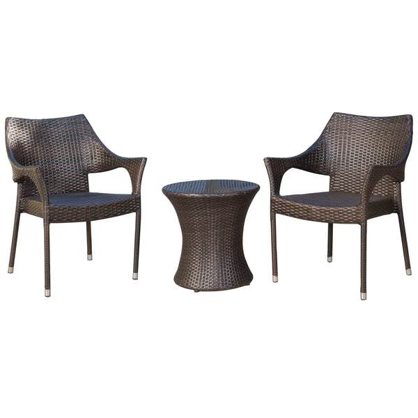 gdf studio Tahitian Outdoor 3 Piece Multi-Brown Wicker Chat Set with Stacking Chairs