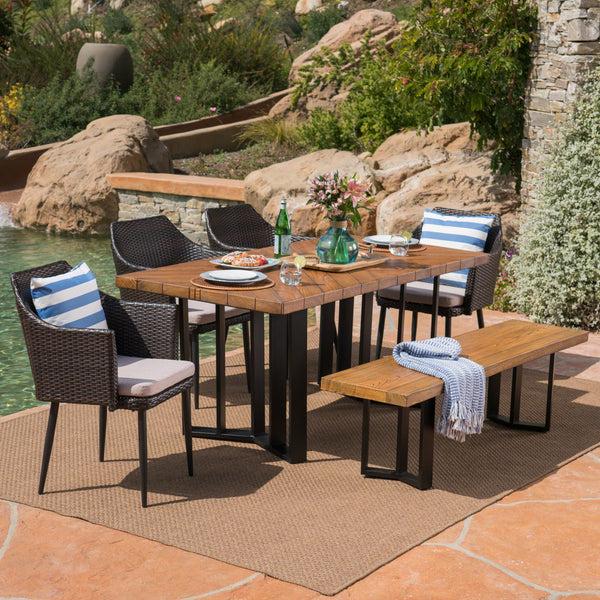 Gdf Studio Tammy Outdoor 6 Piece Wicker Dining Set With Concrete Dining Table And Bench