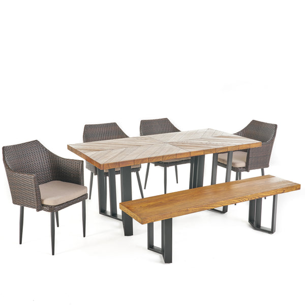 gdf studio Tammy Outdoor 6 Piece Wicker Dining Set with Concrete Dining Table and Bench