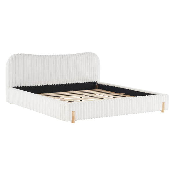 Gdf Studio Tamorack Sleek White Boucle Upholstered Bed With Wavy Headboard & Vertical Stitching