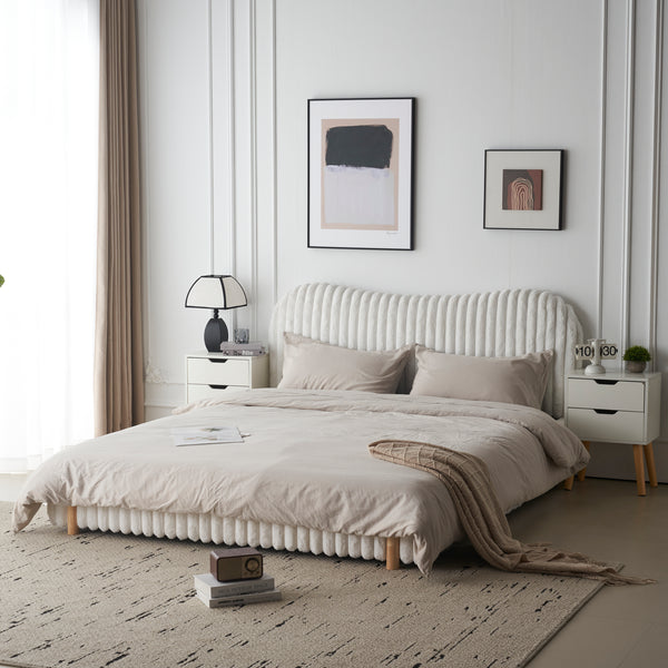 Gdf Studio Tamorack Sleek White Boucle Upholstered Bed With Wavy Headboard & Vertical Stitching