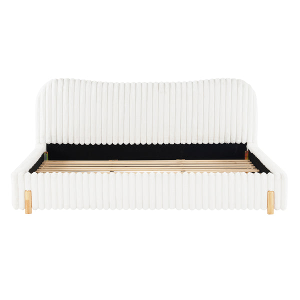 gdf studio Tamorack Sleek White Boucle Upholstered Bed with Wavy Headboard & Vertical Stitching
