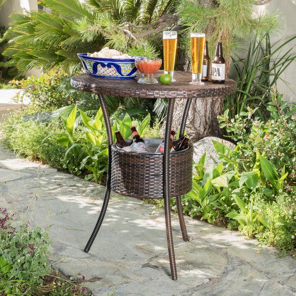 Gdf Studio Tampa Bay Outdoor Circular Multi-Brown Wicker Dining Table With Ice Bucket