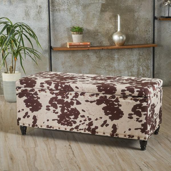Gdf Studio Tatiana Contemporary Velvet Storage Ottoman With Nailhead Trim Milk Cow Pattern And Dark Brown