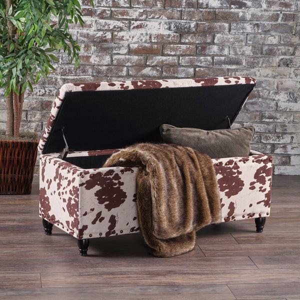Gdf Studio Tatiana Contemporary Velvet Storage Ottoman With Nailhead Trim Milk Cow Pattern And Dark Brown