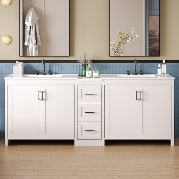 Gdf Studio Tavorilos 84" Double-Sink Bathroom Vanity Ceramic Sinks And Quartz Countertop