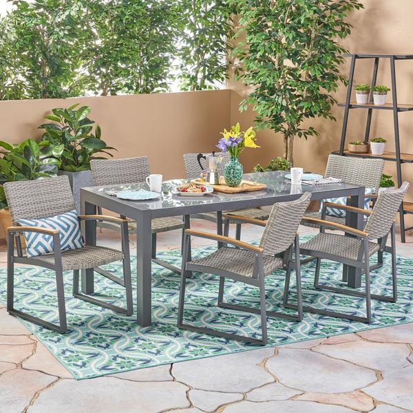 Gdf Studio Teina Outdoor Aluminum And Wicker 7 Piece Dining Set With Glass Table Top Gray And Gray