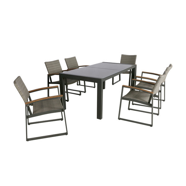gdf studio Teina Outdoor Aluminum and Wicker 7 Piece Dining Set with Glass Table Top Gray and Gray