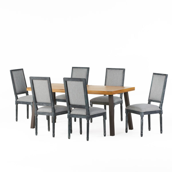 Gdf Studio Tengren Farmhouse Fabric Upholstered Wood And Iron 7 Piece Dining Set