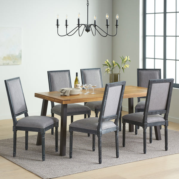 Gdf Studio Tengren Farmhouse Fabric Upholstered Wood And Iron 7 Piece Dining Set