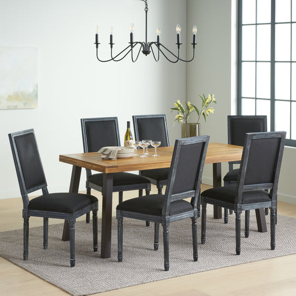 gdf studio Tengren Farmhouse Fabric Upholstered Wood and Iron 7 Piece Dining Set