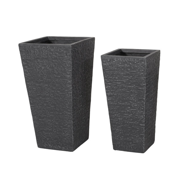 gdf studio Tengren Outdoor Large and Medium Cast Stone Planters Set of 2 Gray