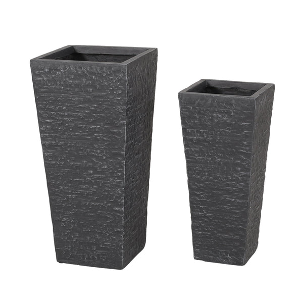 gdf studio Tengren Outdoor Medium and Small Cast Stone Planters Set of 2 Gray