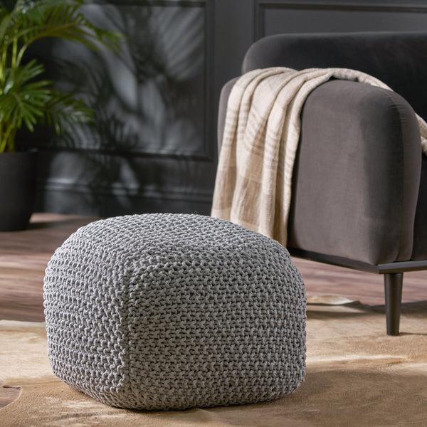 Gdf Studio Teresa Knitted Cotton Square Pouf Light Grey