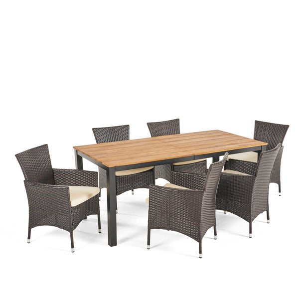 Gdf Studio Teresa Outdoor 7 Piece Acacia Wood Dining Set With Wicker Chairs