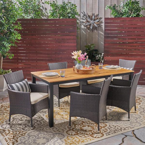 gdf studio Teresa Outdoor 7 Piece Acacia Wood Dining Set with Wicker Chairs