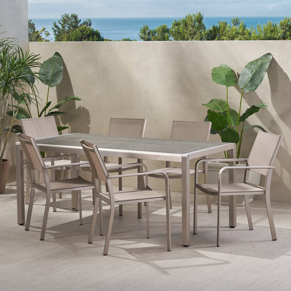 Gdf Studio Thali Outdoor Modern 6 Seater Aluminum Dining Set With Wicker Table Top