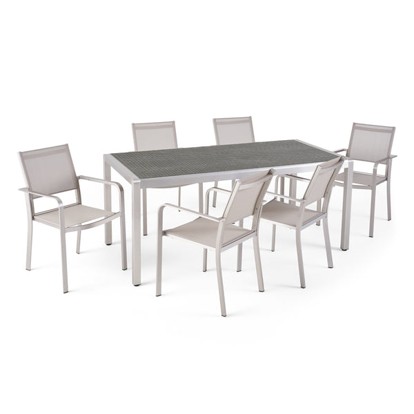 gdf studio Thali Outdoor Modern 6 Seater Aluminum Dining Set with Wicker Table Top