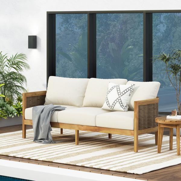 Gdf Studio The Crowne Collection Outdoor Acacia Wood And Round Wicker 3 Seater Sofa With Cushions Teak Mixed Brown And Beige