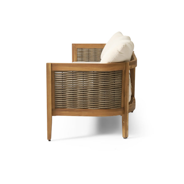 Gdf Studio The Crowne Collection Outdoor Acacia Wood And Round Wicker 3 Seater Sofa With Cushions Teak Mixed Brown And Beige