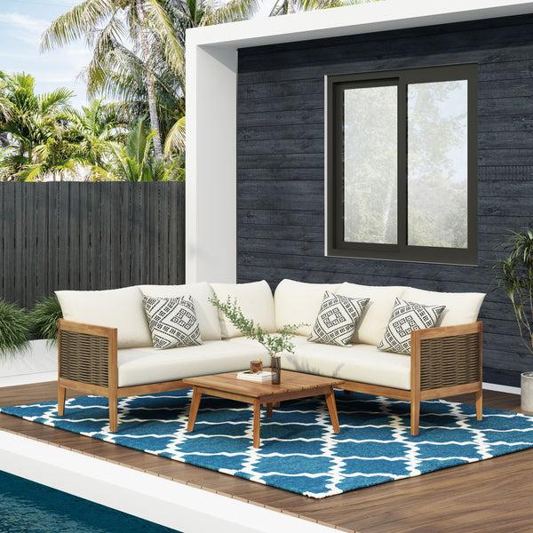 Gdf Studio The Crowne Collection Outdoor Acacia Wood And Round Wicker 5 Seater Sectional Sofa Chat Set With Cushions Teak Mixed Brown And Beige