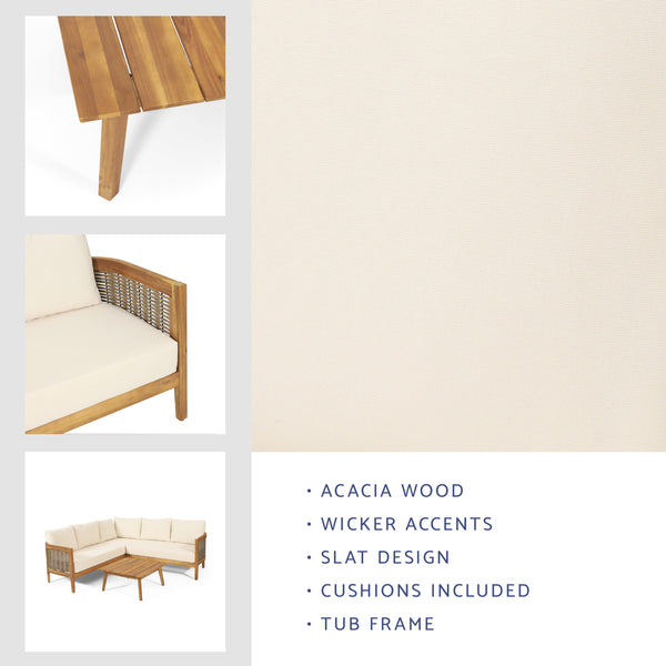 Gdf Studio The Crowne Collection Outdoor Acacia Wood And Round Wicker 5 Seater Sectional Sofa Chat Set With Cushions Teak Mixed Brown And Beige