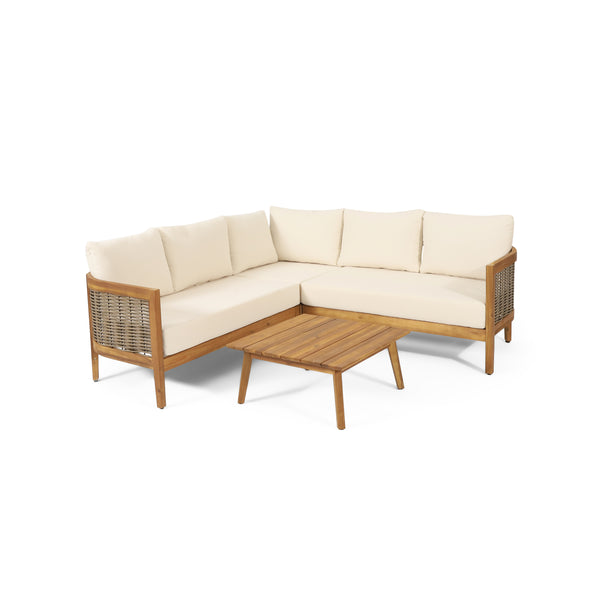 gdf studio The Crowne Collection Outdoor Acacia Wood and Round Wicker 5 Seater Sectional Sofa Chat Set with Cushions Teak Mixed Brown and Beige
