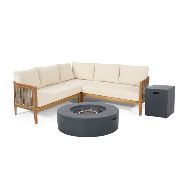 Gdf Studio The Crowne Collection Outdoor Acacia Wood And Round Wicker 5 Seater Sectional Sofa Chat Set With Fire Pit