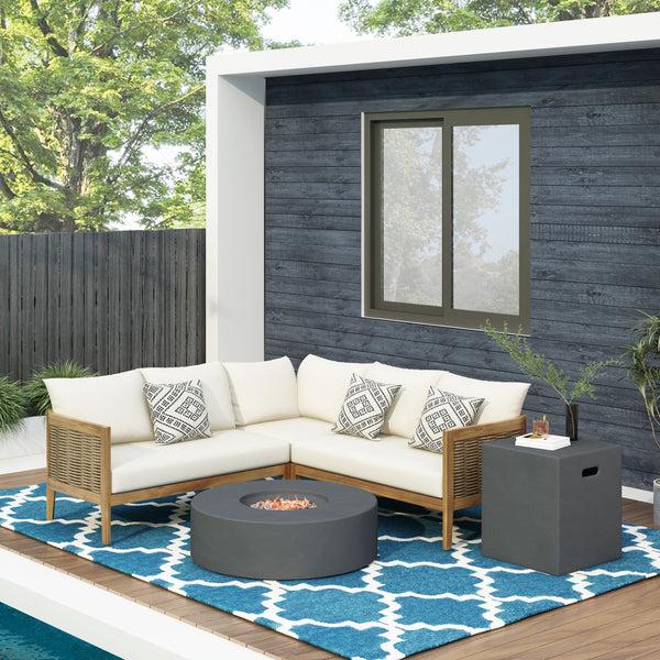 gdf studio The Crowne Collection Outdoor Acacia Wood and Round Wicker 5 Seater Sectional Sofa Chat Set with Fire Pit