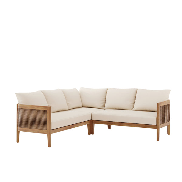 Gdf Studio The Crowne Collection Outdoor Acacia Wood And Round Wicker 5 Seater Sectional Sofa Set With Cushions Teak Mixed Brown And Beige