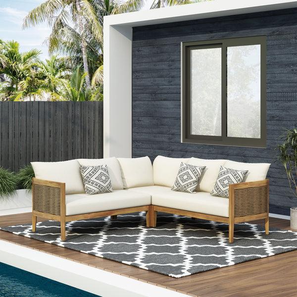 gdf studio The Crowne Collection Outdoor Acacia Wood and Round Wicker 5 Seater Sectional Sofa Set with Cushions Teak Mixed Brown and Beige