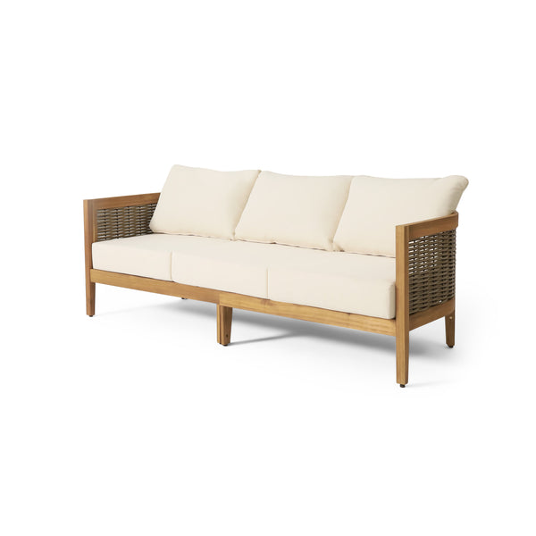 gdf studio The Crowne Collection Outdoor Acacia Wood and Round Wicker 3 Seater Sofa with Cushions Teak Mixed Brown and Beige