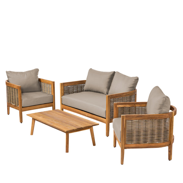 Gdf Studio The Crowne Collection Outdoor Acacia Wood And Wicker 4 Seater Chat Set With Sunbrella Cushions