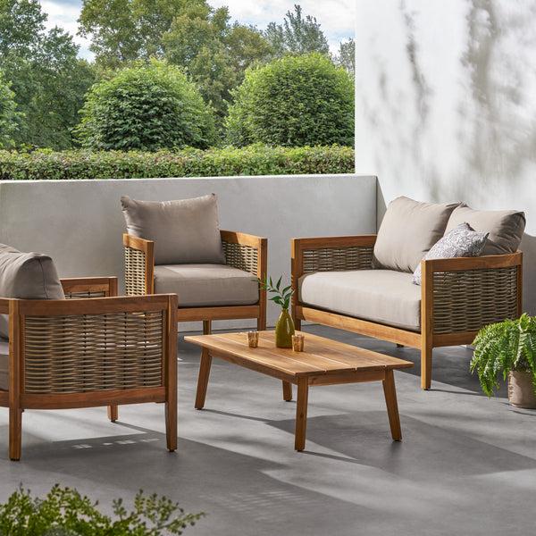 Gdf Studio The Crowne Collection Outdoor Acacia Wood And Wicker 4 Seater Chat Set With Sunbrella Cushions