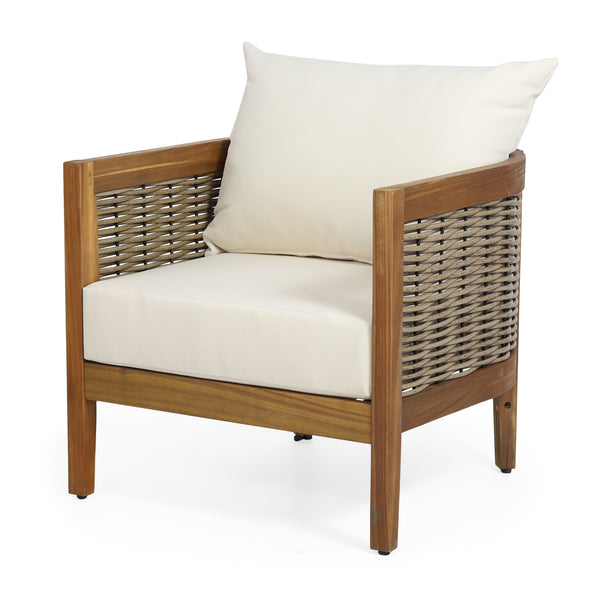 gdf studio The Crowne Collection Outdoor Acacia Wood and Wicker Club Chair with Cushions Teak Mixed Brown and Beige