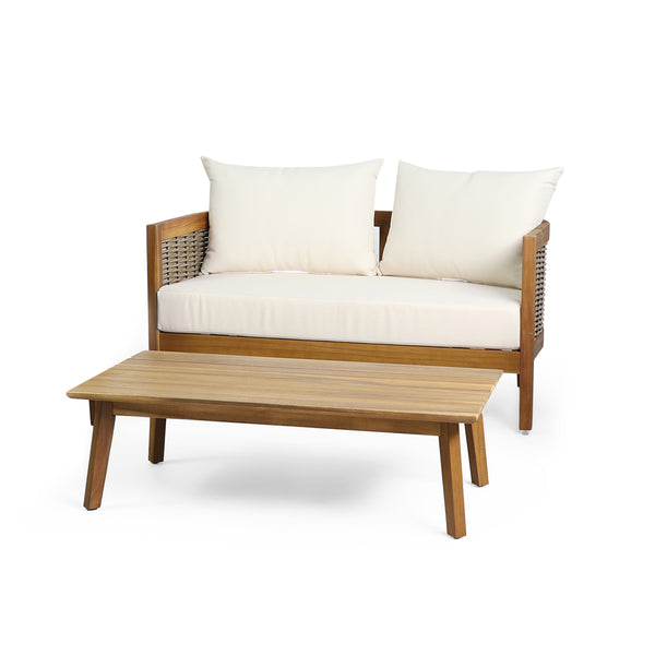 gdf studio The Crowne Collection Outdoor Acacia Wood and Wicker Loveseat and Coffee Table Set with Cushions