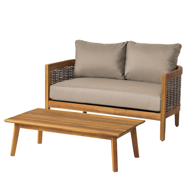 Gdf Studio The Crowne Collection Outdoor Acacia Wood And Wicker Loveseat And Coffee Table Set With Sunbrella Cushions