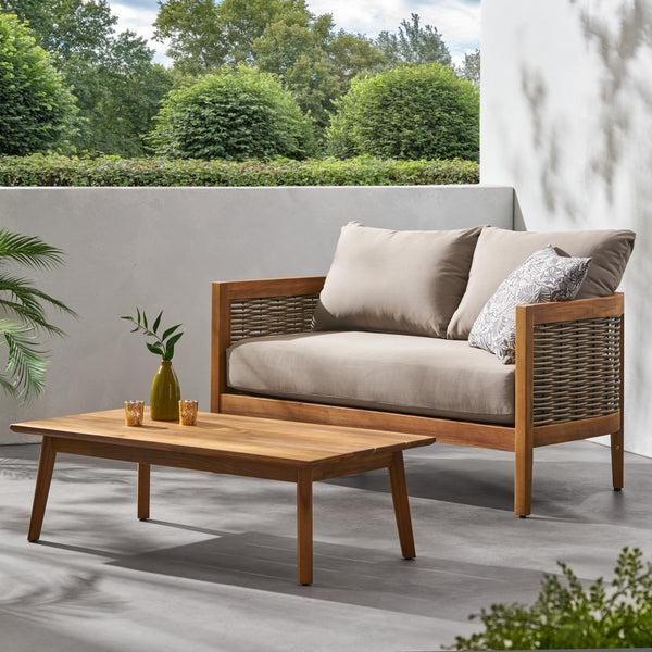 Gdf Studio The Crowne Collection Outdoor Acacia Wood And Wicker Loveseat And Coffee Table Set With Sunbrella Cushions