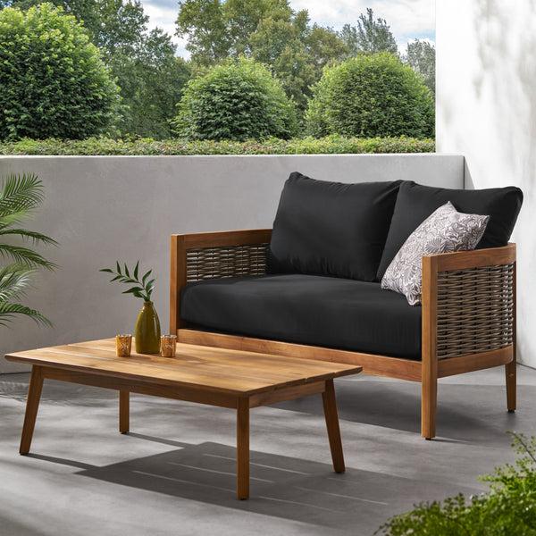 gdf studio The Crowne Collection Outdoor Acacia Wood and Wicker Loveseat and Coffee Table Set with Sunbrella Cushions