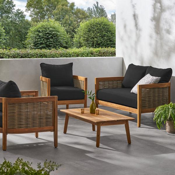 gdf studio The Crowne Collection Outdoor Acacia Wood and Wicker 4 Seater Chat Set with Sunbrella Cushions
