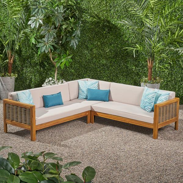 Gdf Studio Theresa Outdoor Wood And Wicker 5 Seater Sectional Sofa Set