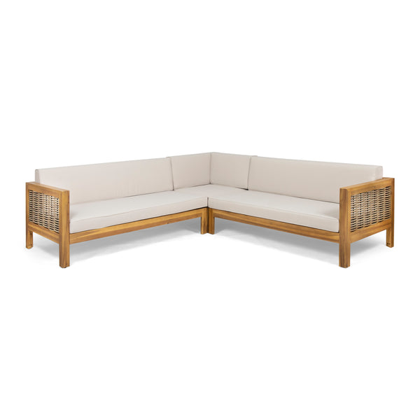 gdf studio Theresa Outdoor Wood and Wicker 5 Seater Sectional Sofa Set