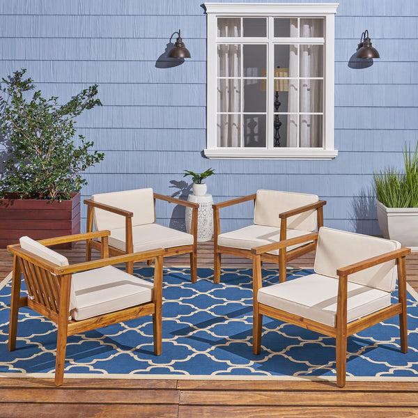 Gdf Studio Thomson Outdoor Acacia Wood Club Chairs With Water-Resistant Cushions (Set Of 4)