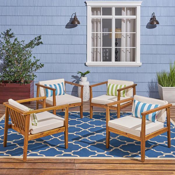 Gdf Studio Thomson Outdoor Acacia Wood Club Chairs With Water-Resistant Cushions (Set Of 4)