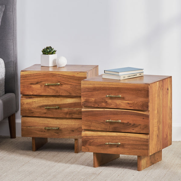 Gdf Studio Tift Terrell Handcrafted Boho Acacia Wood 3 Drawer Nightstand Set Of 2