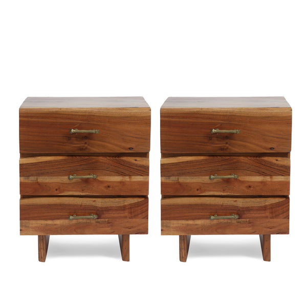 gdf studio Tift Terrell Handcrafted Boho Acacia Wood 3 Drawer Nightstand Set of 2