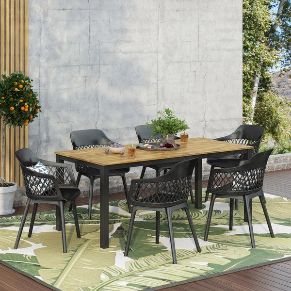 Gdf Studio Tokota Outdoor Wood And Resin 7 Piece Dining Set Black And Teak