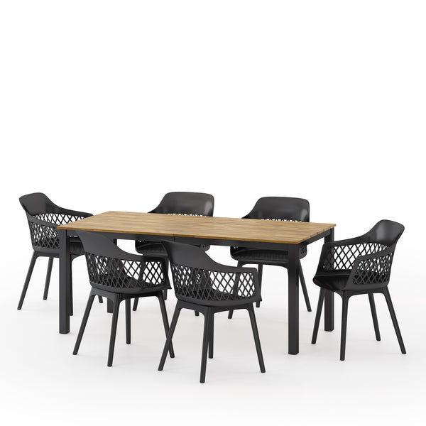 gdf studio Tokota Outdoor Wood and Resin 7 Piece Dining Set Black and Teak